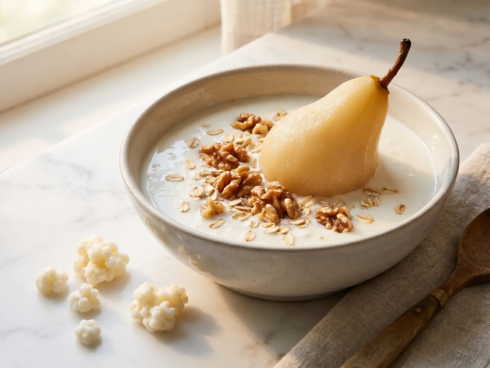 kefir leber Schale mit fertigem Milchkefir, Birne, Nüssen und Haferflocken auf hellem Marmor beim Frühstück.