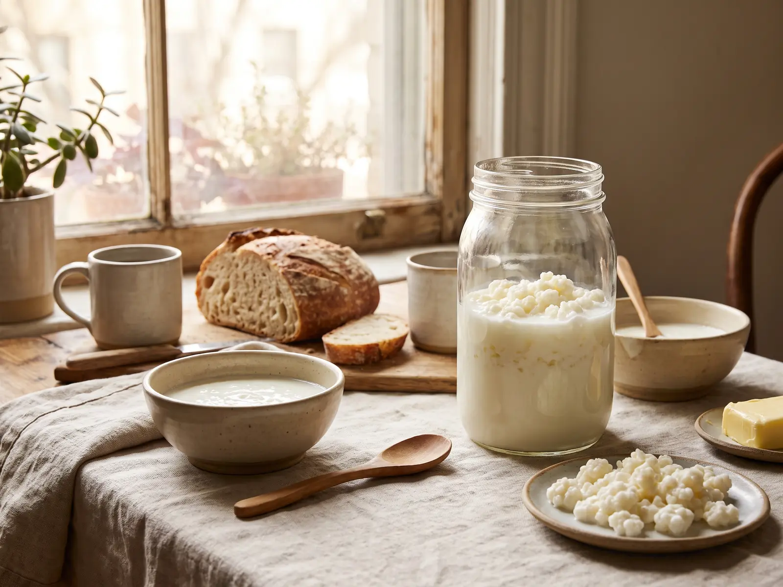Fr&uuml;hst&uuml;ckstisch mit zwei Gedecken, fermentierender Milch und Kefirknollen im warmen Fensterlicht.
