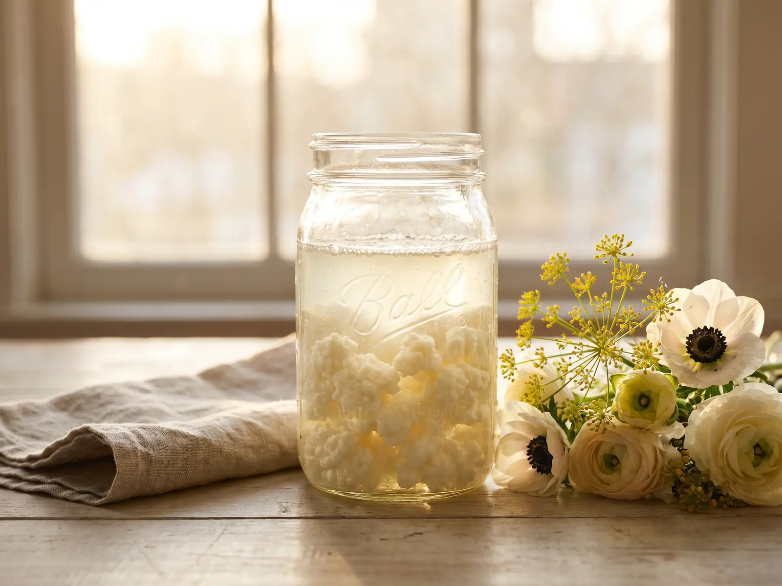 kefir flockt Glas mit fermentierendem Milchkefir neben Frühlingsblumen, Leinen und hellem Holz im Gegenlicht