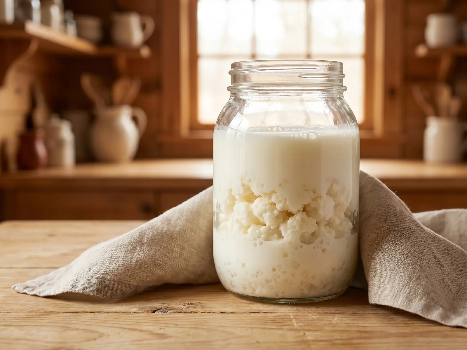 kefir für den hund Glas mit Milchkefir und Kefirknollen im sanften Gegenlicht neben einem hellen Fenster.