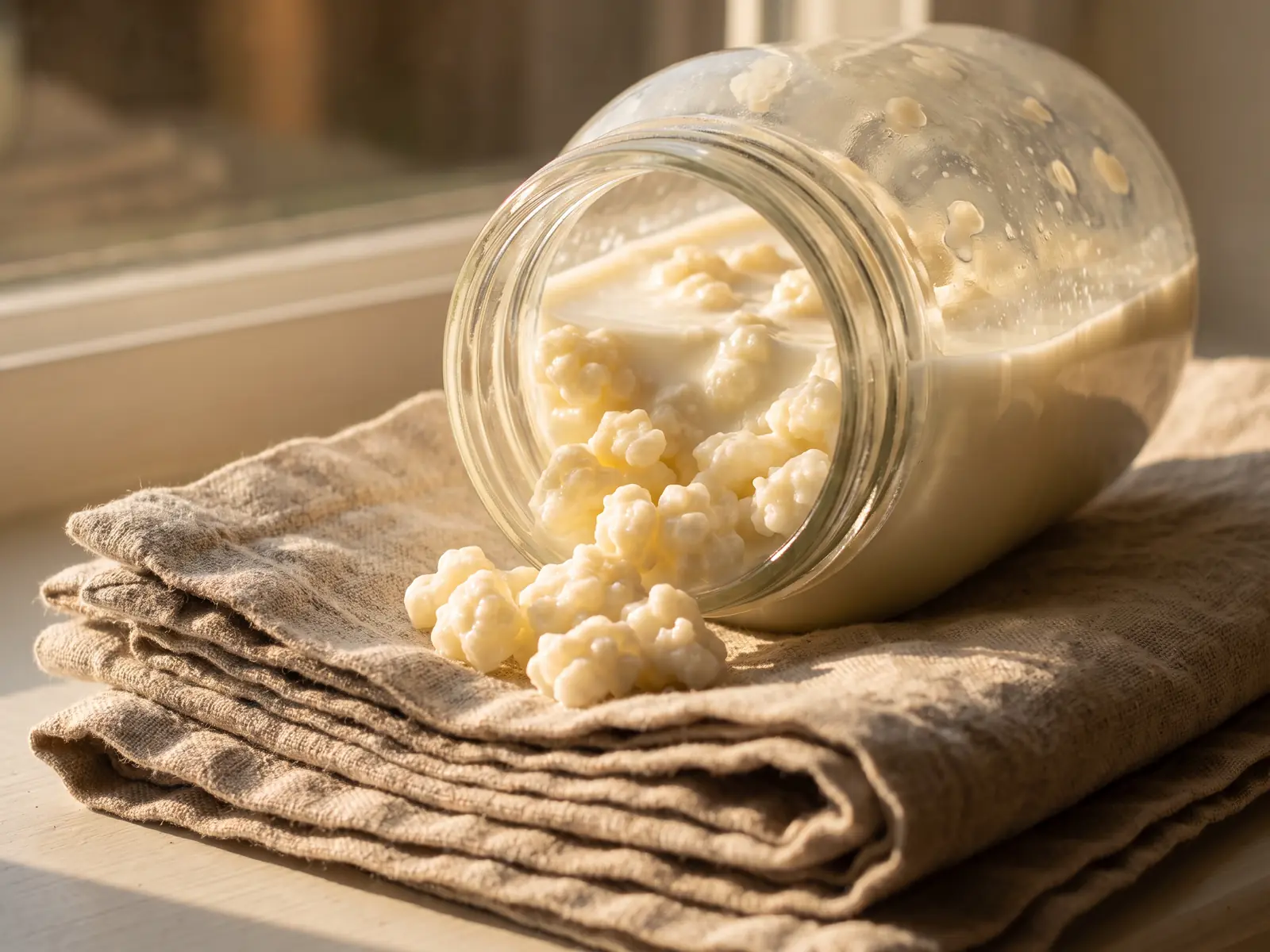 Geneigtes Glas mit Milchkefir auf Leinen, schwebenden Kefirk&ouml;rnern und warmem Seitenlicht.