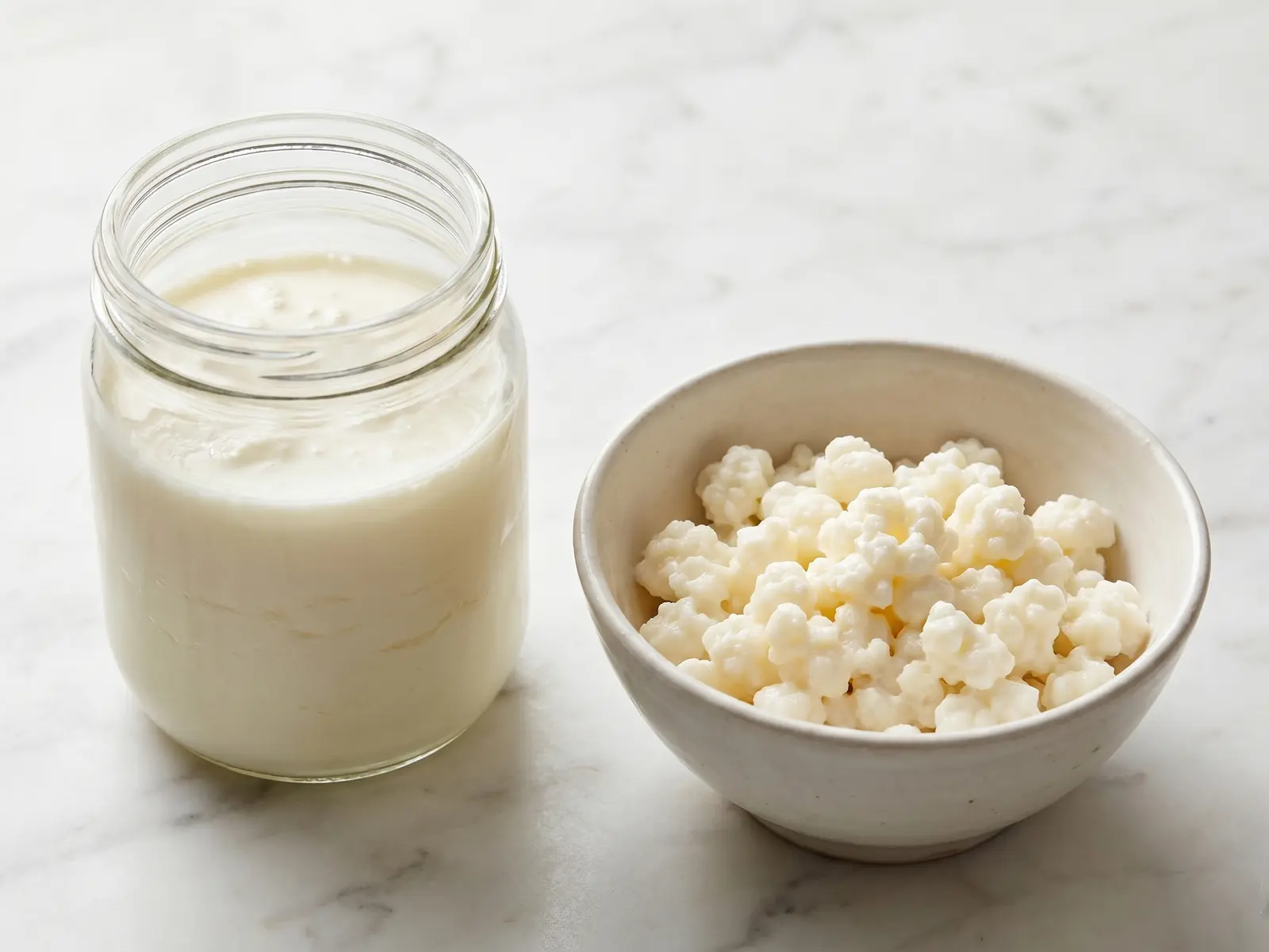 kefir trinken Geöffnetes Glas mit Milchkefir und weiß-cremefarbenen Kefirknöllchen in einer Keramikschale auf Marmor