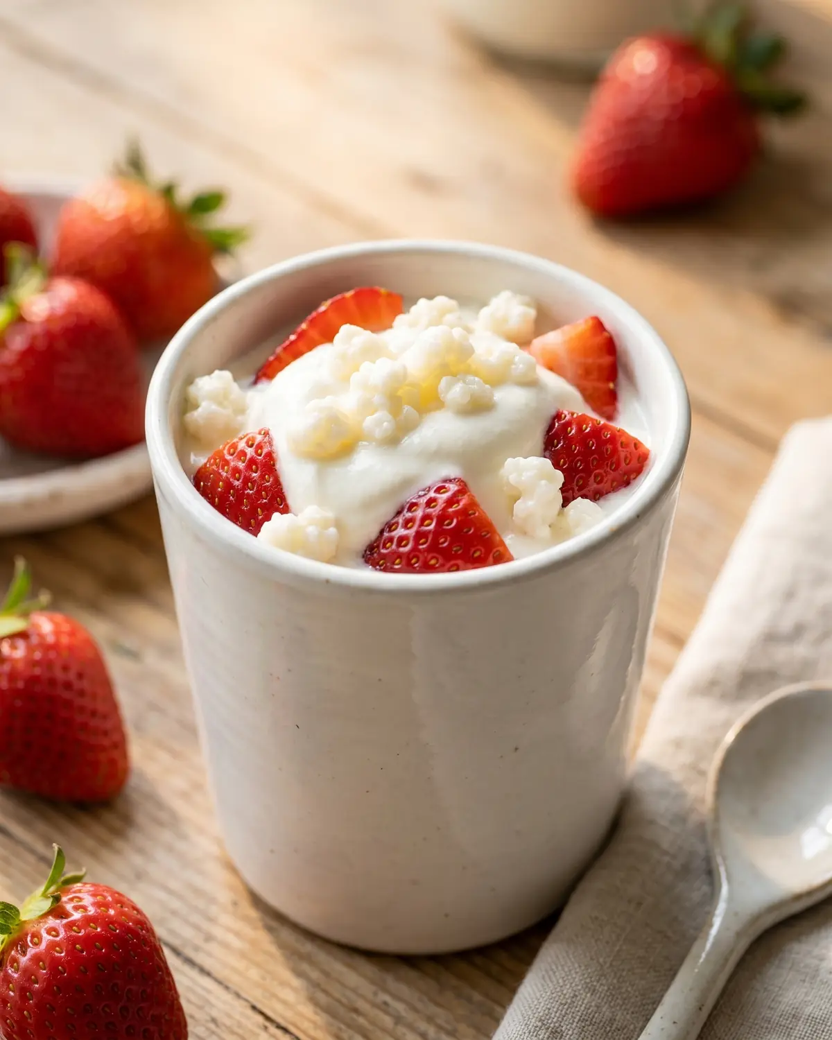 kefir ursprung Aufgeschlagener Milchkefir mit Erdbeeren im weißen Keramikglas, mit sichtbaren Samen und Sommerlicht