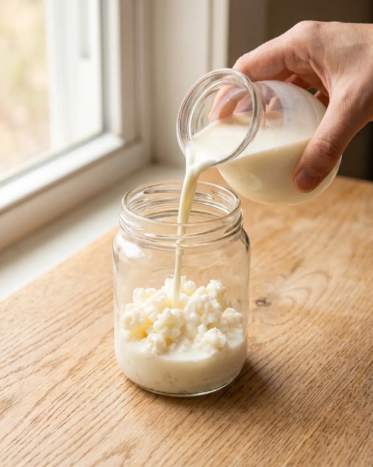 fermentiertes protein Eine Hand gießt frische Milch über Kefirknollen in ein Glas, um Milchkefir zu Hause anzusetzen.