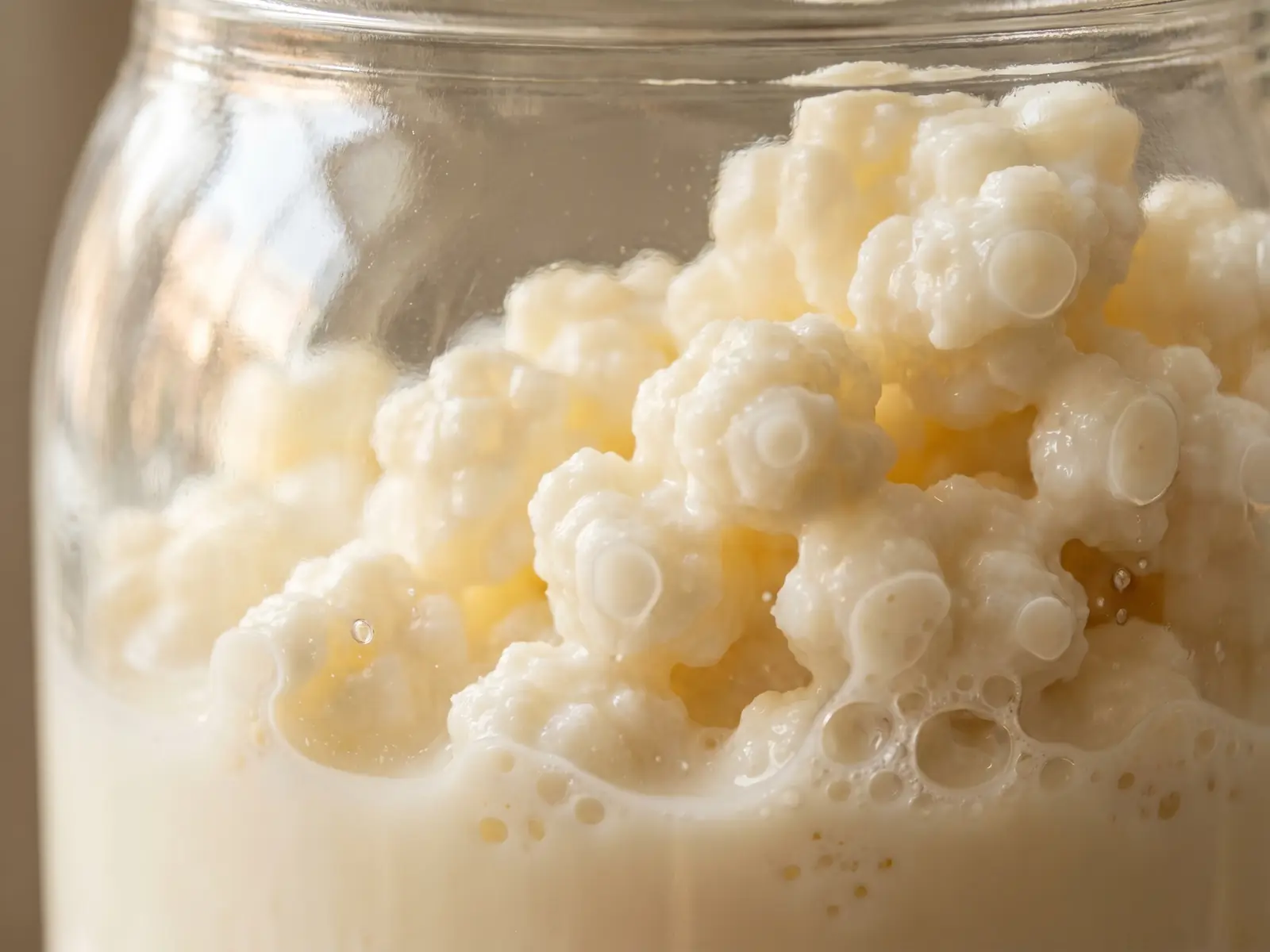 kefir mit pflanzenmilch Milchkefir im Glas mit cremiger Flüssigkeit, kleinen Bläschen und Körnchen am Rand des Gefäßes.