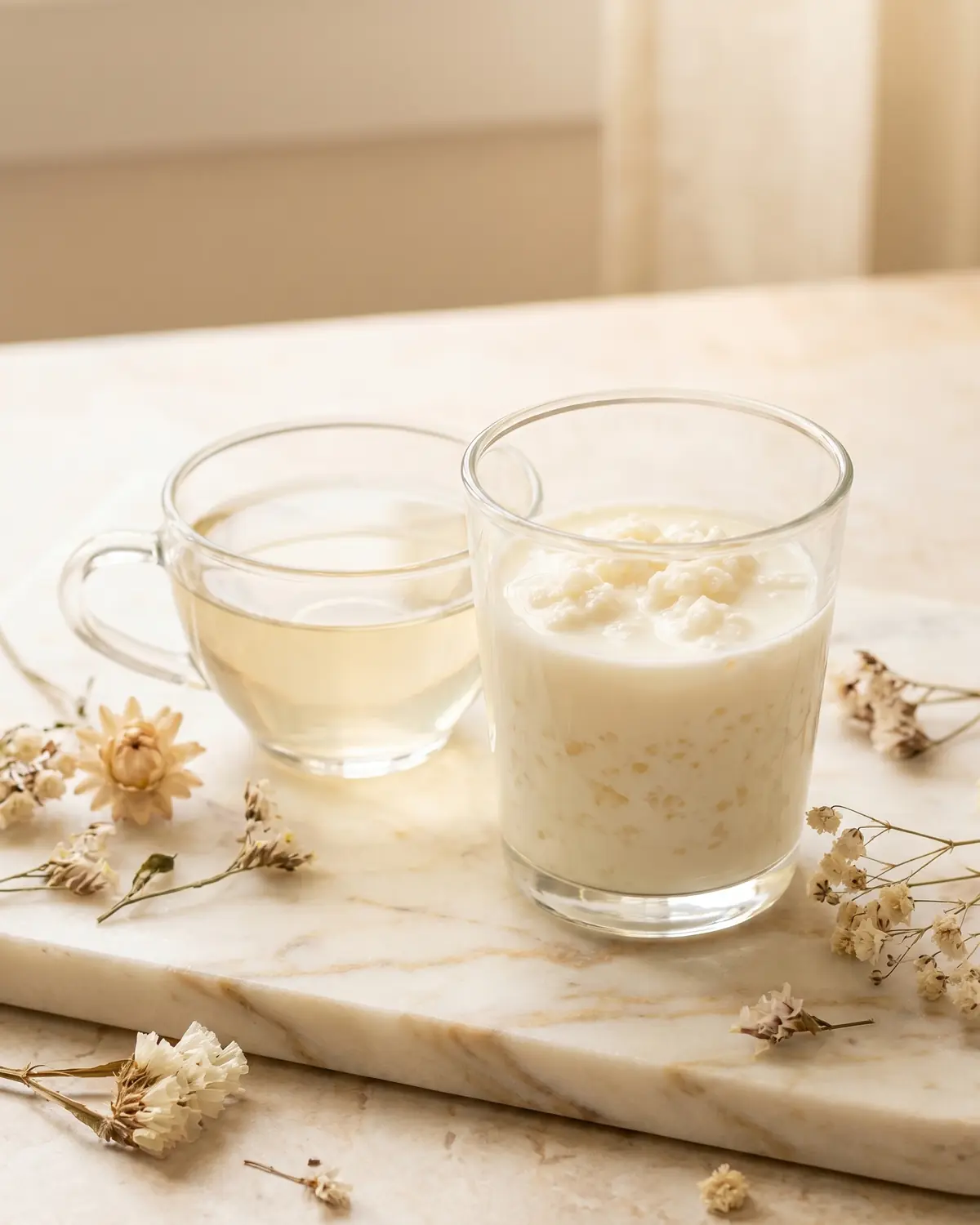 kefir darmbakterien Kleines Glas Kefir neben hellem Tee, getrockneten Blüten und geäderter Marmoroberfläche.