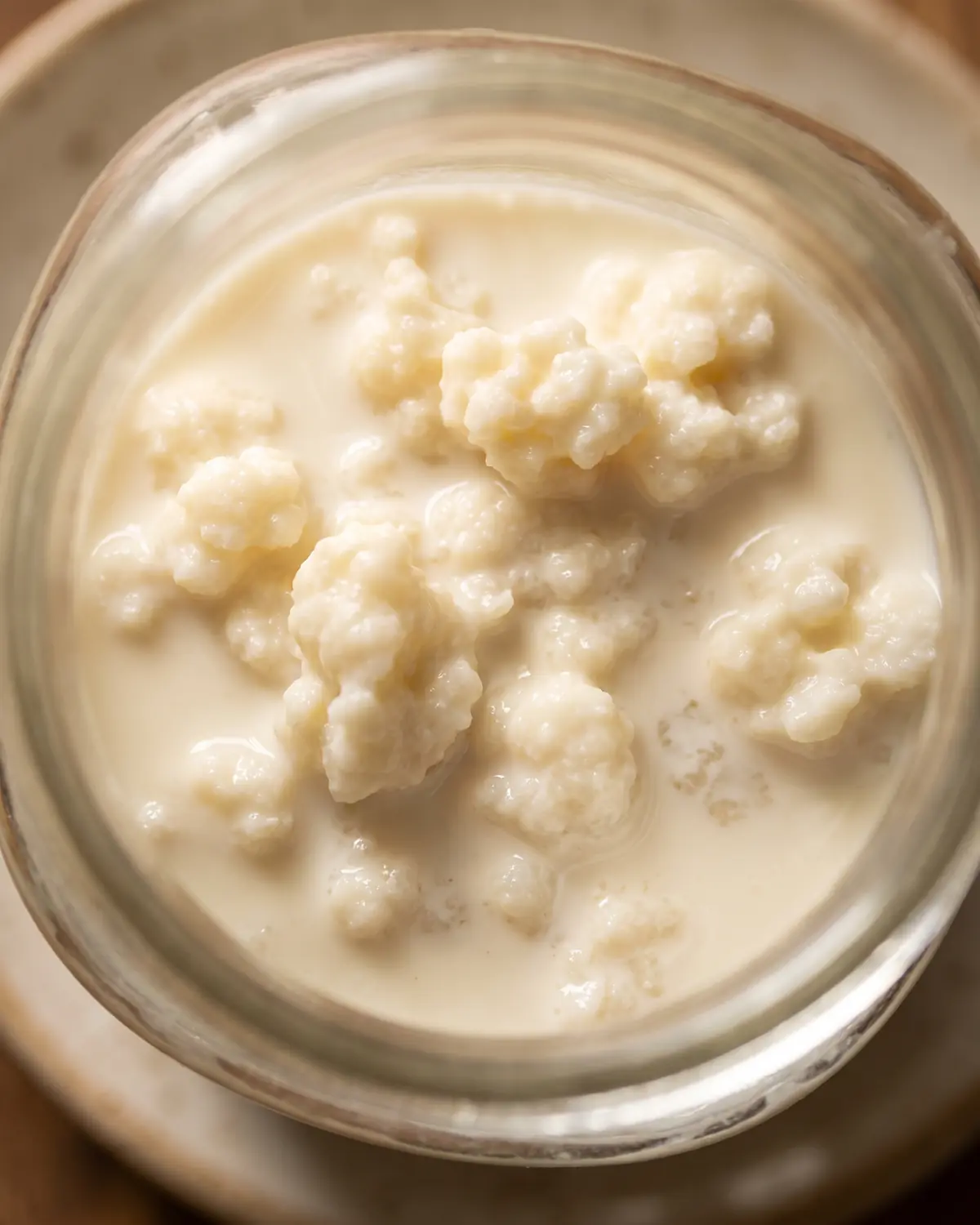 Blick durch den Glasboden auf unregelm&auml;&szlig;ige Kefirk&ouml;rner, die wie kleine Inseln in cremiger Milch liegen.
