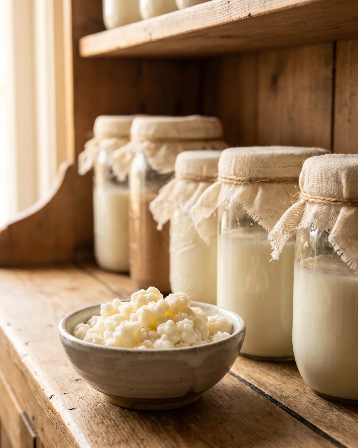 wie lange ist kefir haltbar Abgedeckte Gläser mit Milchkefir stehen auf einem Regal, davor eine flache Schale mit Kefirknollen.