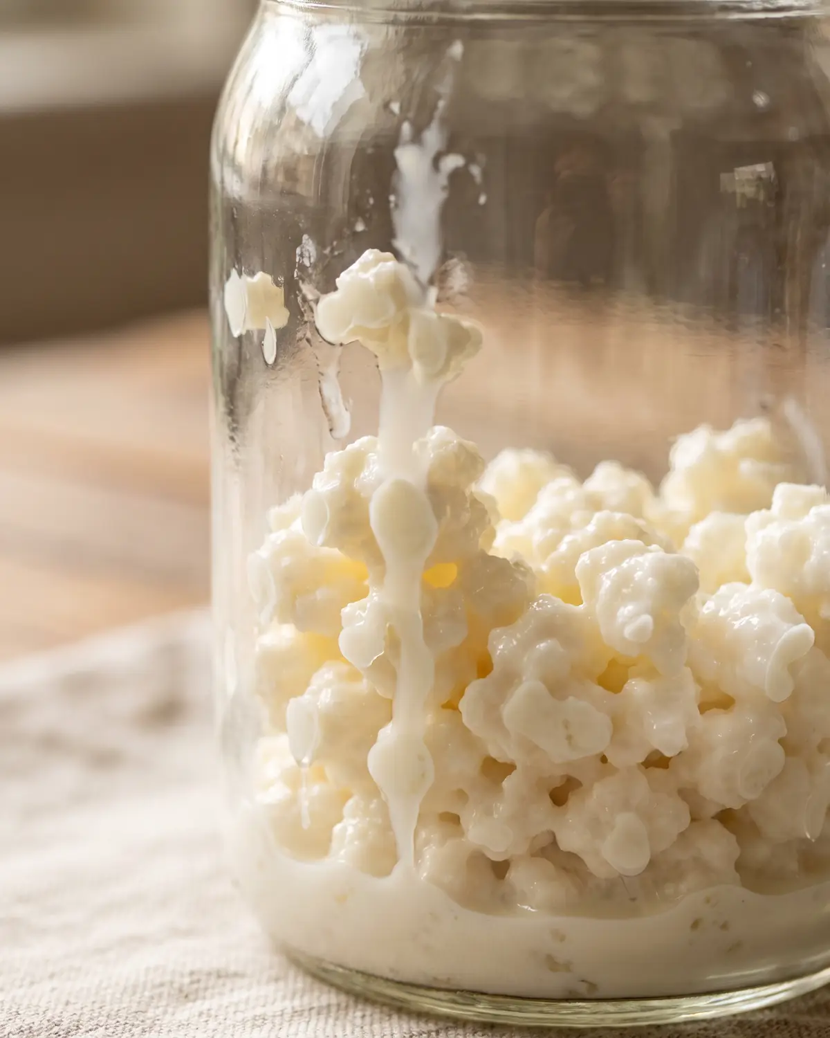 kefir bild Nahaufnahme von frischer Milch, die im Glas auf helle Milchkefirknollen trifft und die Fermentation startet.