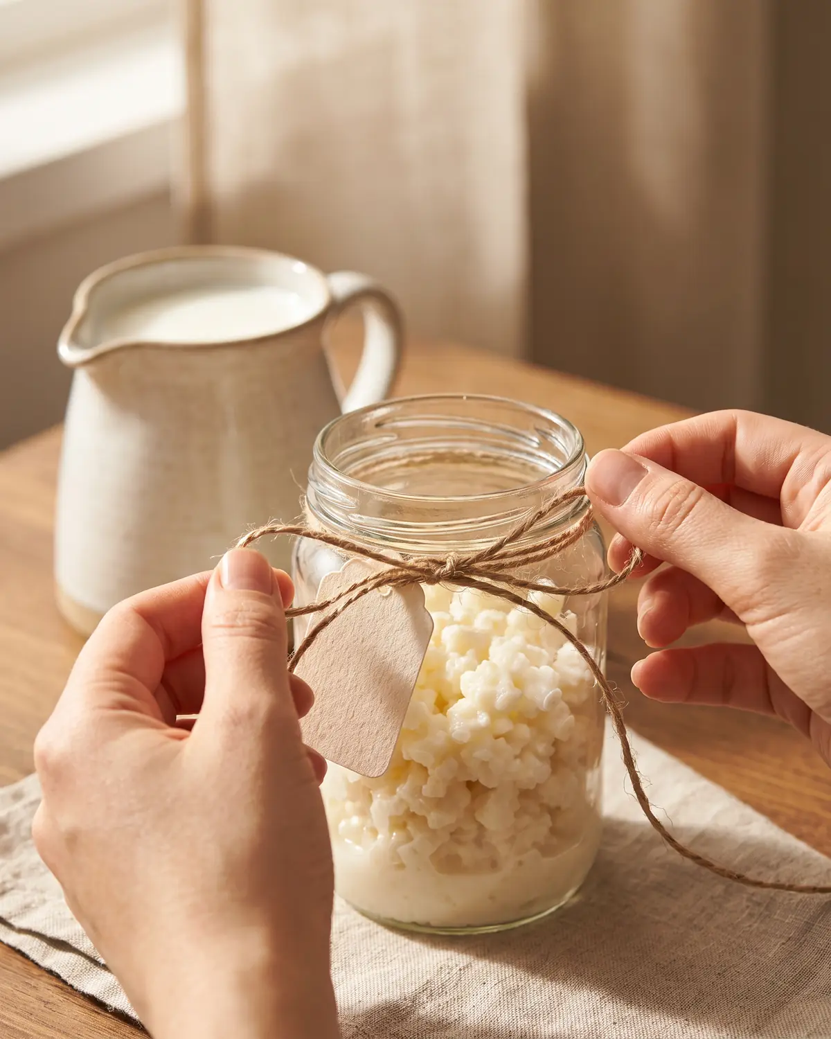 kefir halal Zwei Hände binden eine leere Etikette an ein Glas, während im Hintergrund weiße Milch bereitsteht.
