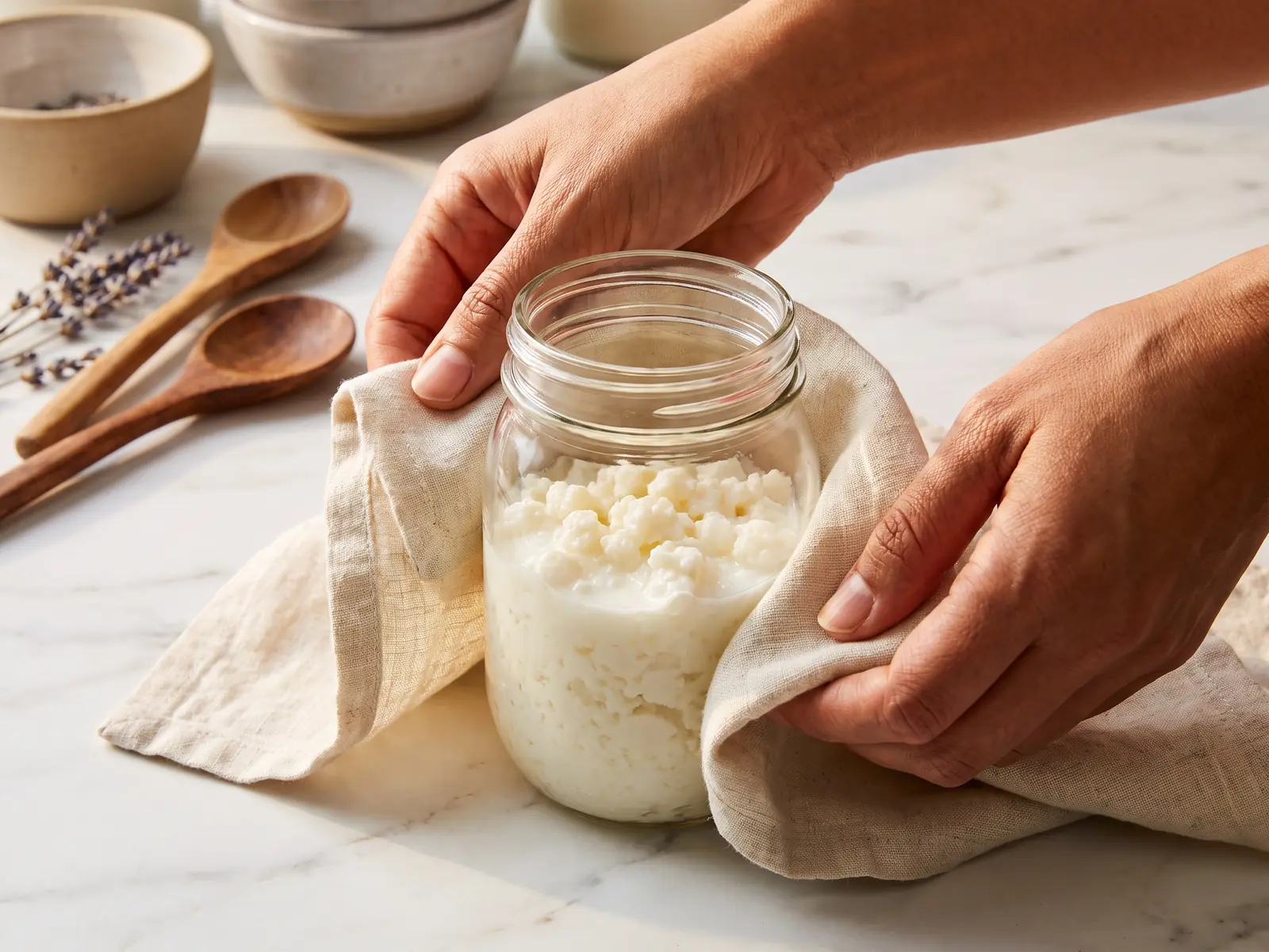 Zwei H&auml;nde schlagen Leinen um ein Glas Milchkefir auf wei&szlig;em Marmor als hausgemachtes Geschenk.