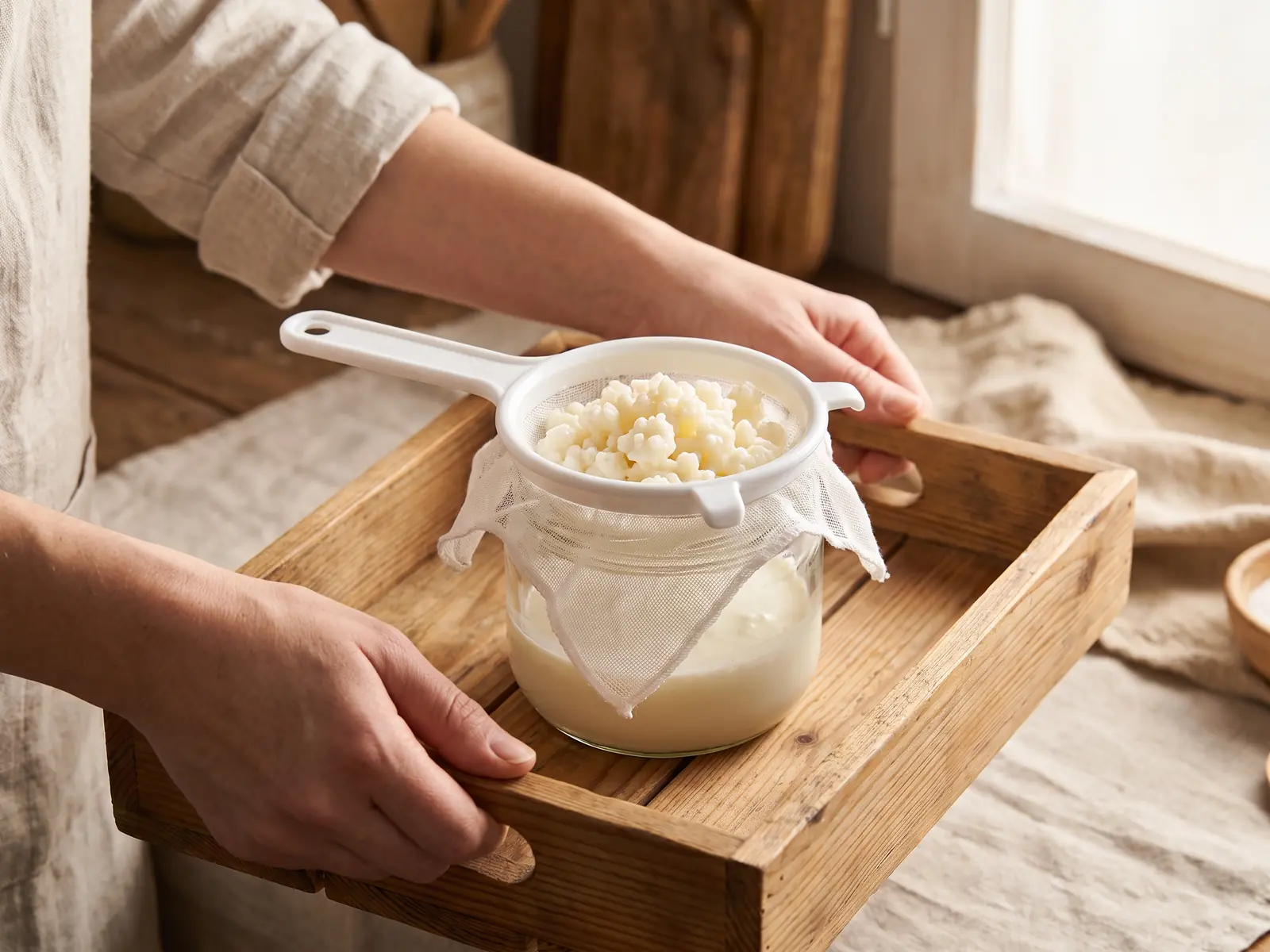 Zwei H&auml;nde tragen ein Holztablett mit Glas, wei&szlig;em Sieb und abgetropften Milchkefirkn&ouml;llchen.