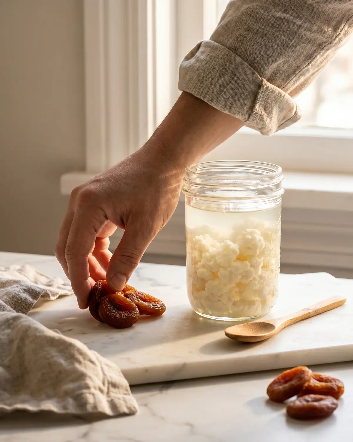 kefir hautpflege Eine Hand legt getrocknete Aprikosen neben ein Glas Milchkefir auf eine helle Marmorfläche.