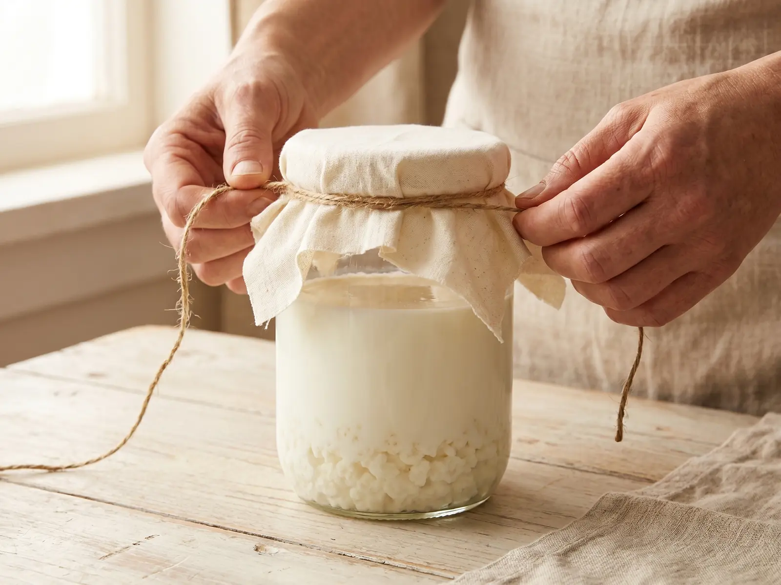 Eine Hand bindet ein Baumwolltuch &uuml;ber ein Glas mit Milchkefir auf einer hellen Arbeitsfl&auml;che.