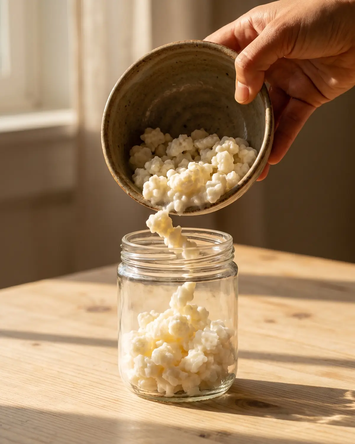 kefir während schwangerschaft Eine Hand gibt Kefirknollen aus einer Keramikschale in ein Glas auf hellem Holz mit weichem Schatten.