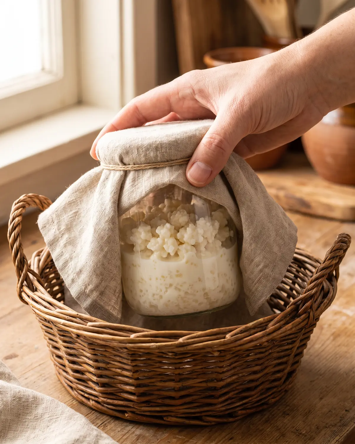 kefir wann am besten trinken Eine Hand hält ein mit Leinen umwickeltes Glas Milchkefir in einem Korb, Knollen sind durch das Glas sichtbar.