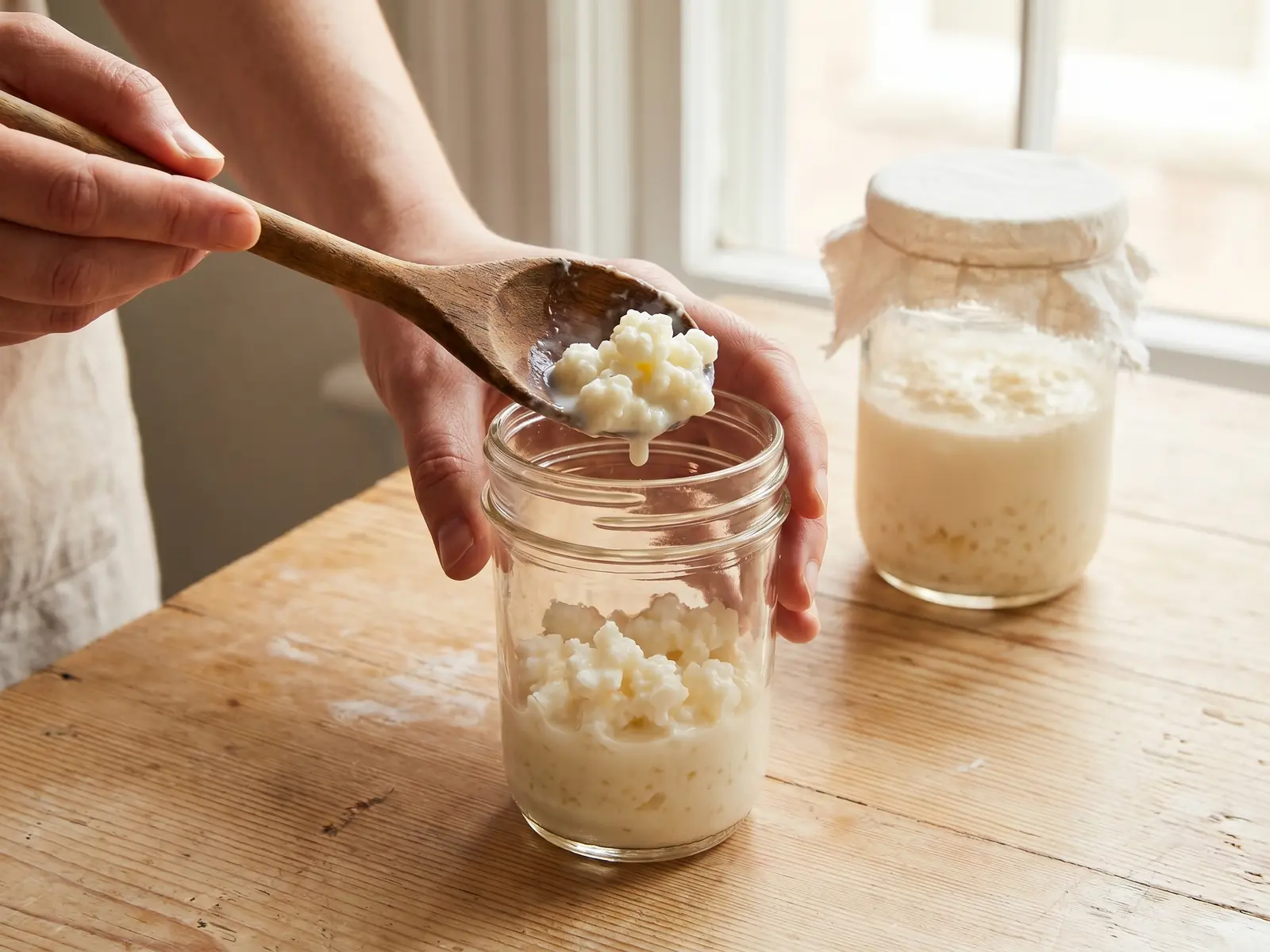 kefir hund dosierung Hand gibt Milchkefir-Knöllchen mit einem Holzlöffel in ein Glas auf hellem Kiefernholz.