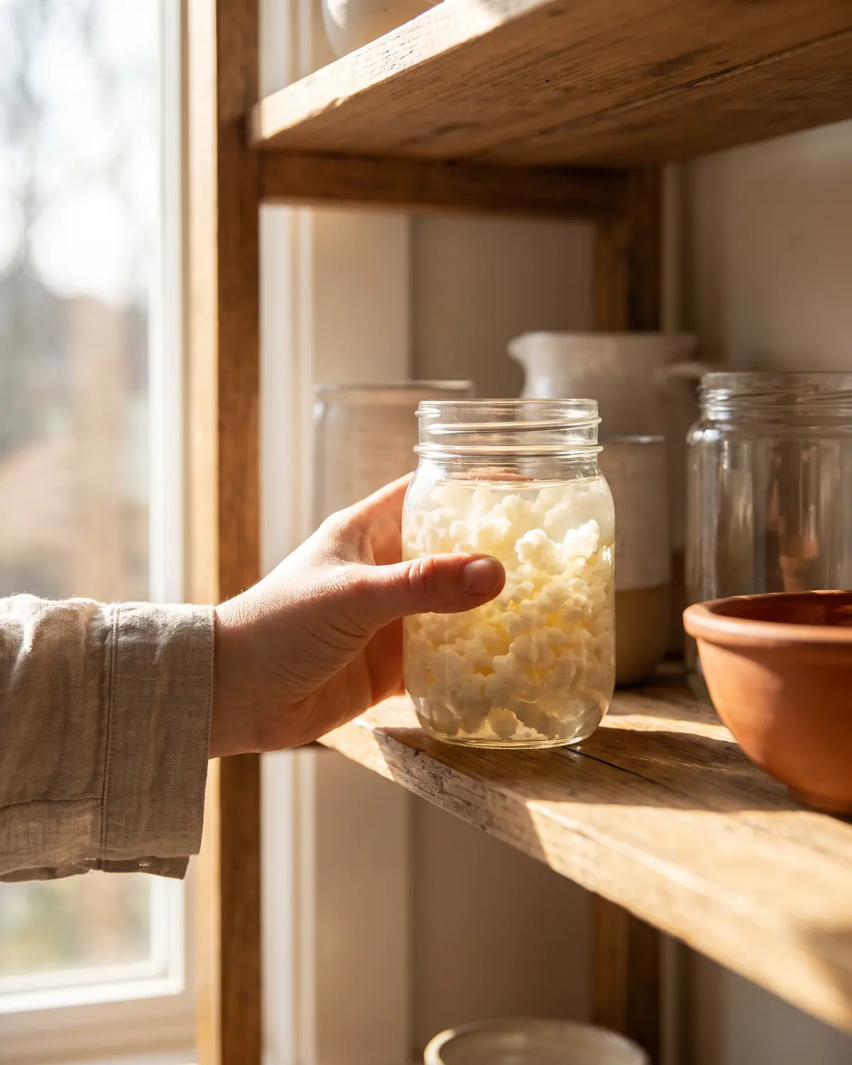 wieviel kefir ist gesund Eine Hand schiebt ein Glas Milchkefir ins Sonnenlicht, während feine Körnchen im hellen Getränk sichtbar sind.