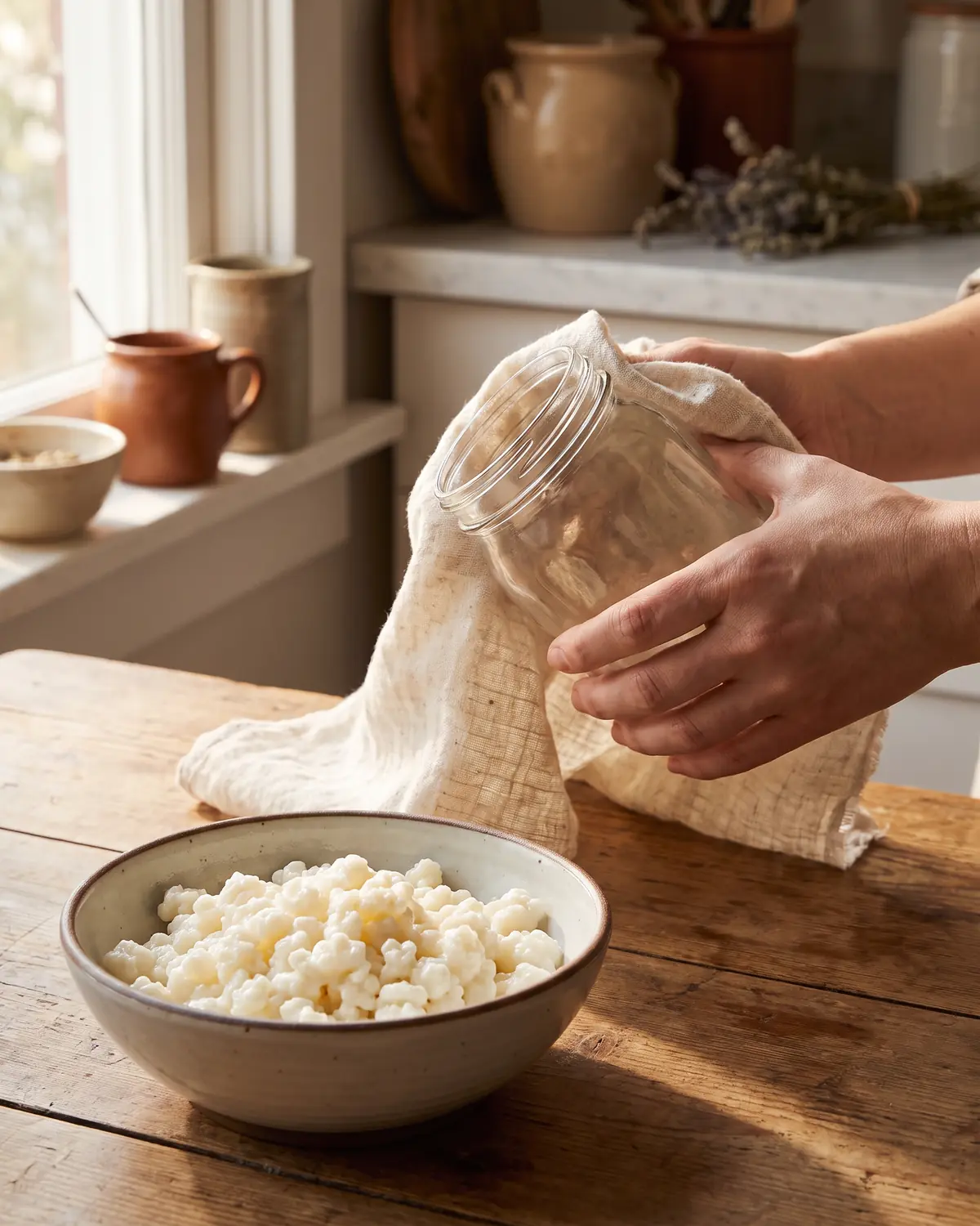 macht kefir blähungen Eine Hand trocknet ein Glas mit rohem Leinen, während darunter eine Schale mit Kefirknollen bereitsteht.