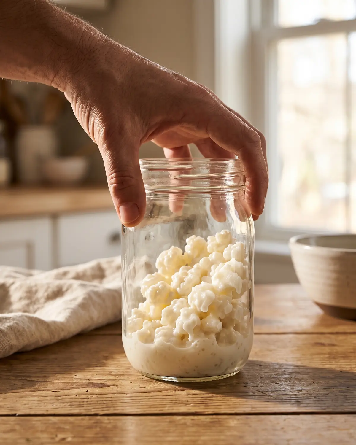 kefir wiki Hand dreht ein Glas mit cremiger Milch, während Kefirknollen sichtbar am Glas entlangrollen