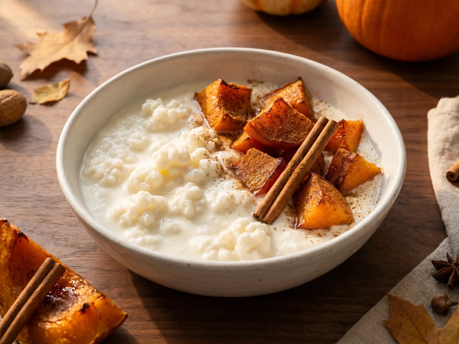 fermentiertes protein Milchkefir in einer weißen Schale mit geröstetem Kürbis und Zimt auf einem herbstlichen Holztisch.