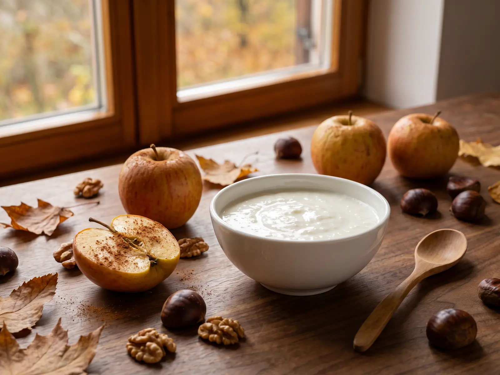 müller kalinka kefir schwangerschaft Herbstliches Stillleben mit fertigem Milchkefir, Bratäpfeln, Kastanien und warmem Fensterlicht.
