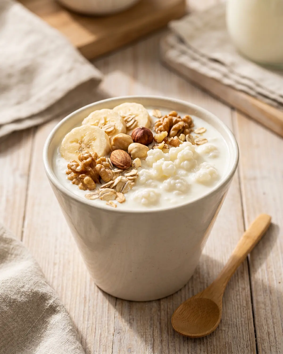 plombir kefir lidl Hohe Schale mit Milchkefir, Bananenscheiben, Nüssen und Haferflocken in heller Küchenszene