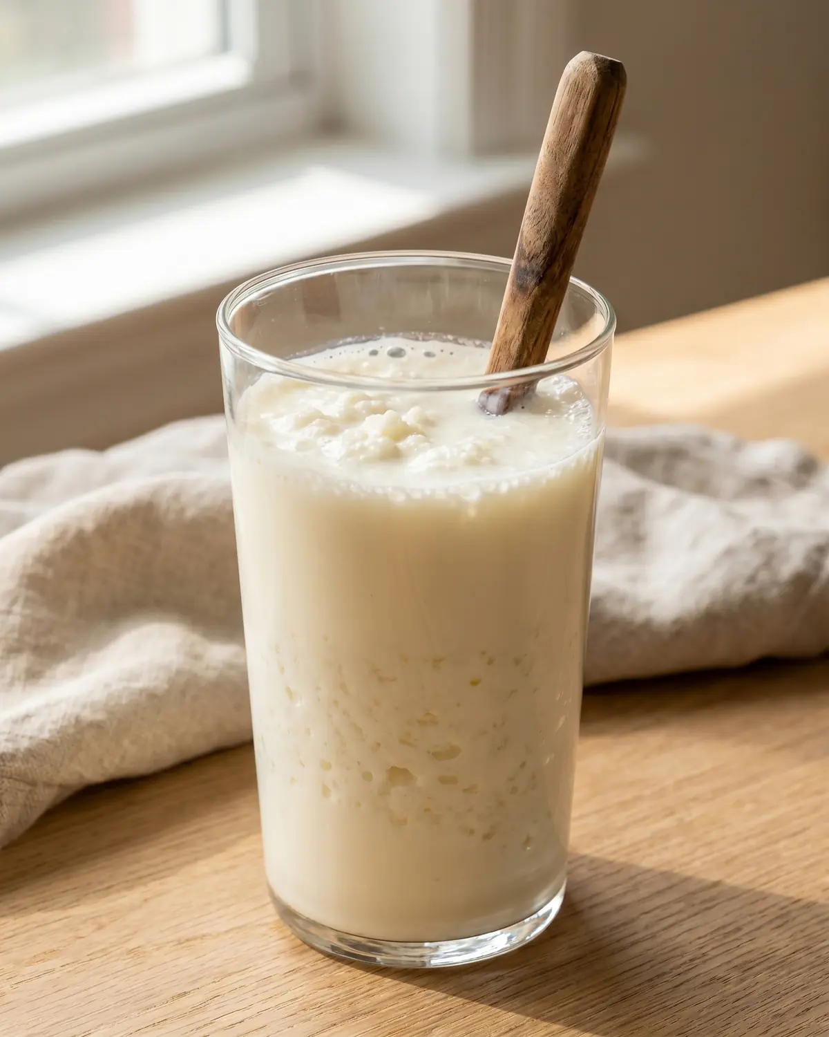 was ist kefir genau Hohes Glas mit cremigem fertigem Milchkefir und Löffel, bereit zum Trinken oder Weiterverarbeiten.