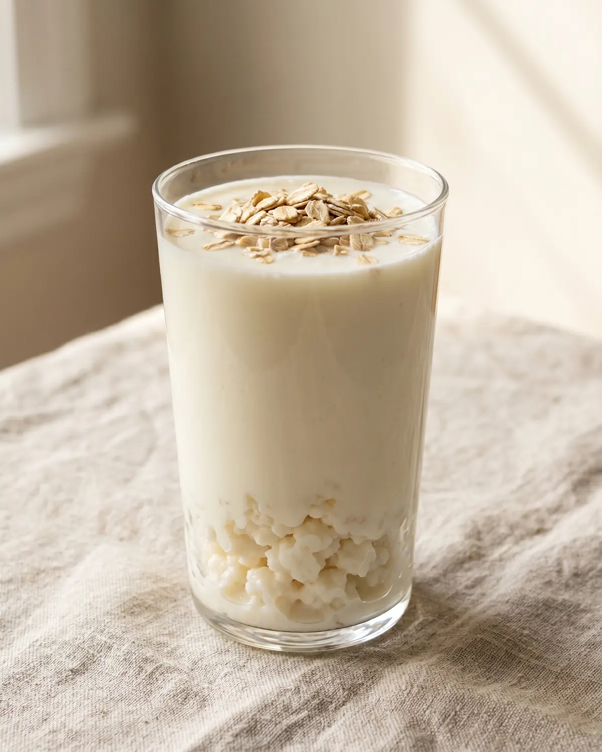 magnesium kefir Hohes Glas mit cremigem Milchkefir und Haferflocken auf schlichtem, naturfarbenem Leinen