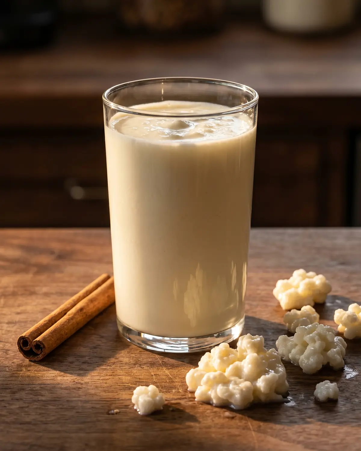 Hohes Glas mit fertigem Milchkefir neben Zimtstangen in warmem goldenen Licht auf dunklem Walnussholz