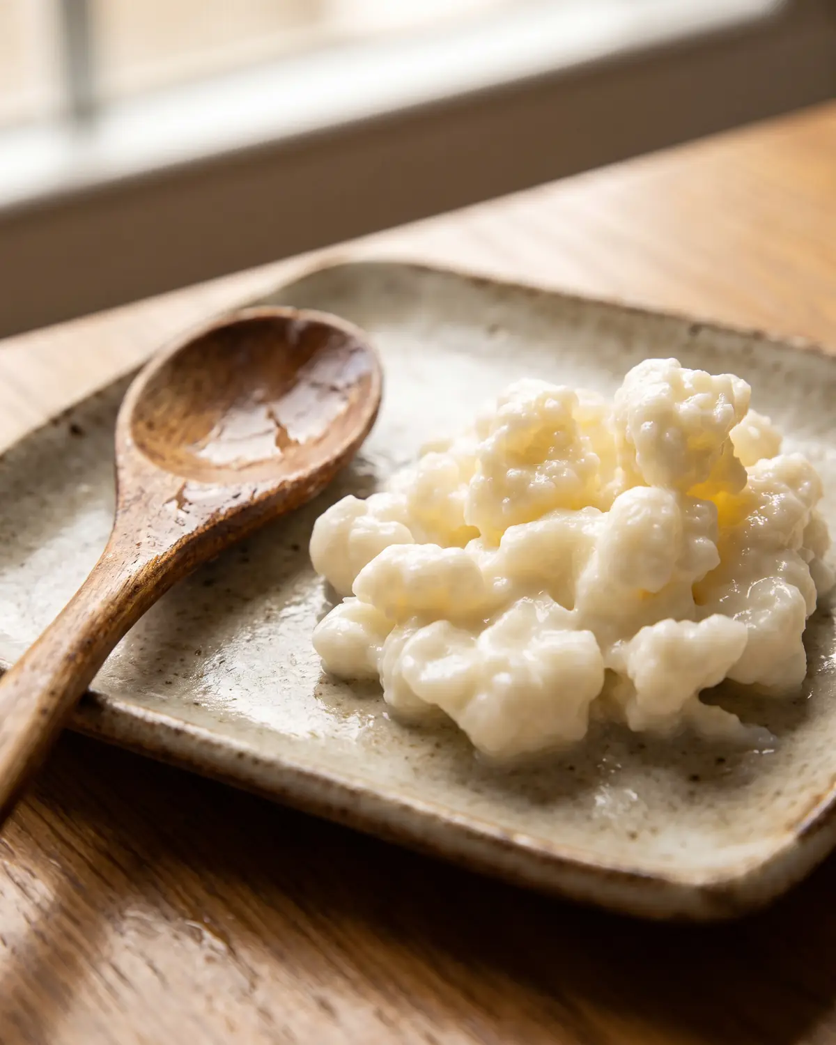 kefir mit laktosefreier milch Leere feuchte Holzlöffel neben unscharfen Kefirknollen auf einem quadratischen Teller.