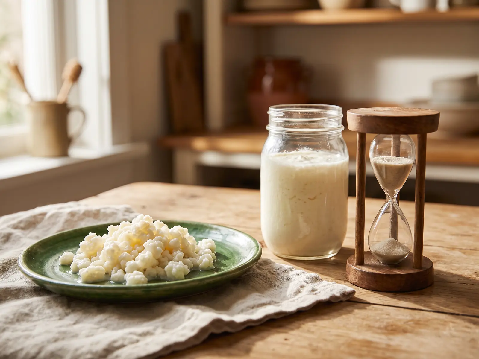 andechser kefir test Holzsanduhr neben einem Kefirglas, Kefirknollen auf grünem Teller und Leinentuch.