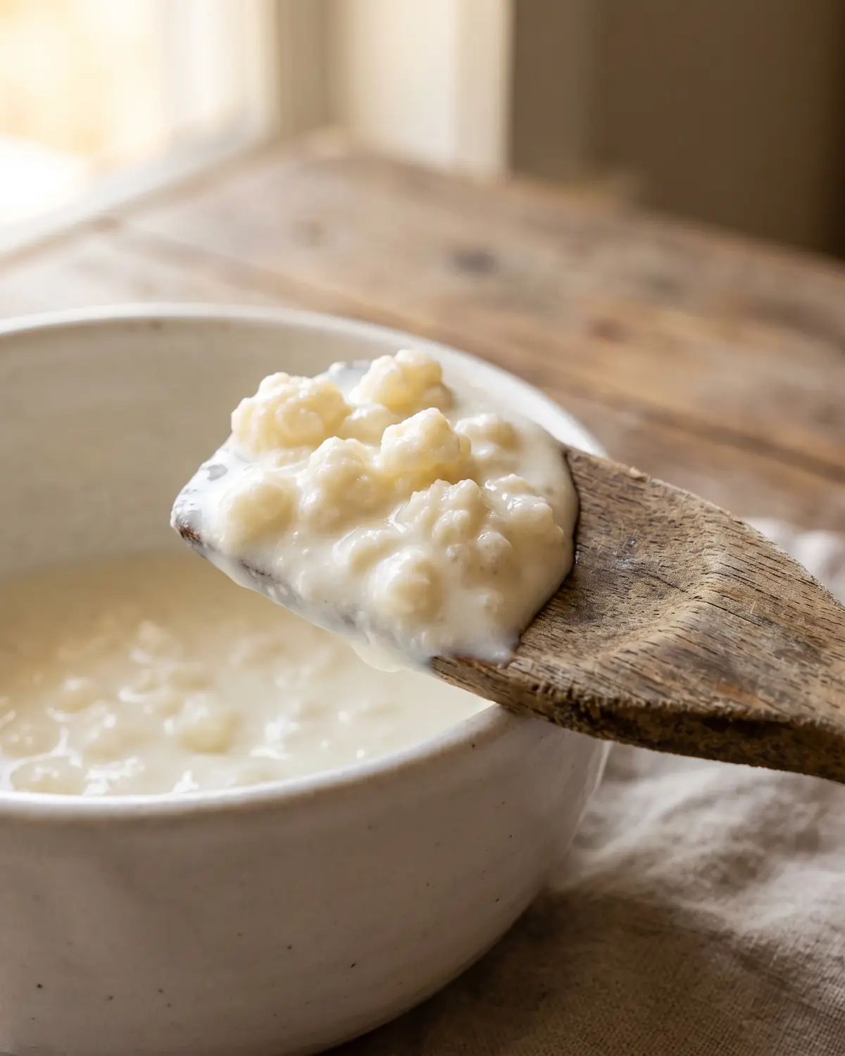 Holzspatel hebt dicken Milchkefir vom Rand einer wei&szlig;en Schale und zeigt seine cremige Textur.
