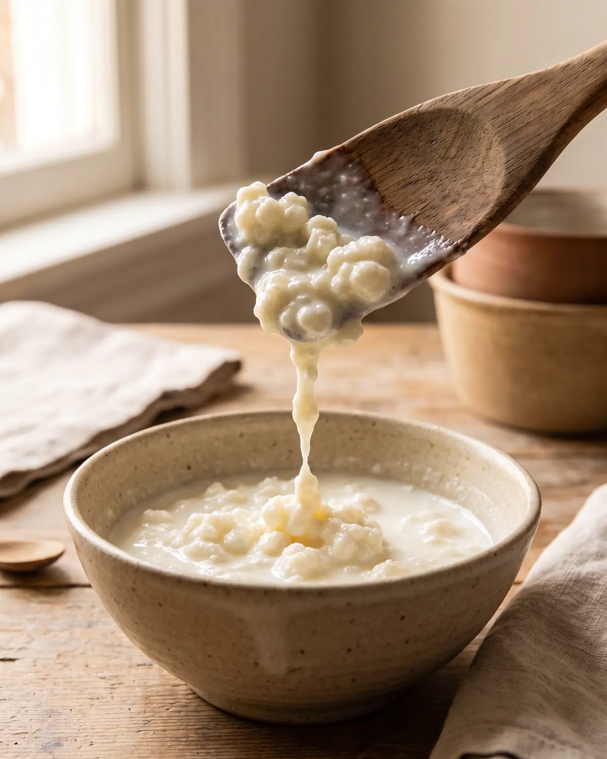 wieviel kefir pro tag ist gesund Dicker Milchkefir zieht einen kurzen Faden von einem Holzspatel vor beiger Keramik.