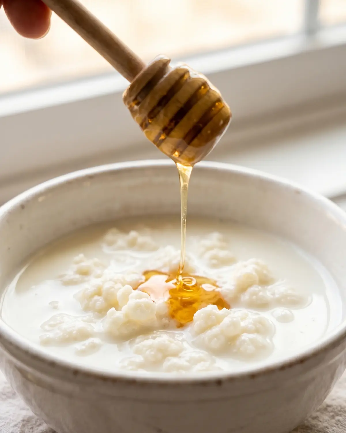 Ein feiner Honigfaden f&auml;llt in eine wei&szlig;e Schale mit Milchkefir, eine Hand ist nur teilweise sichtbar.
