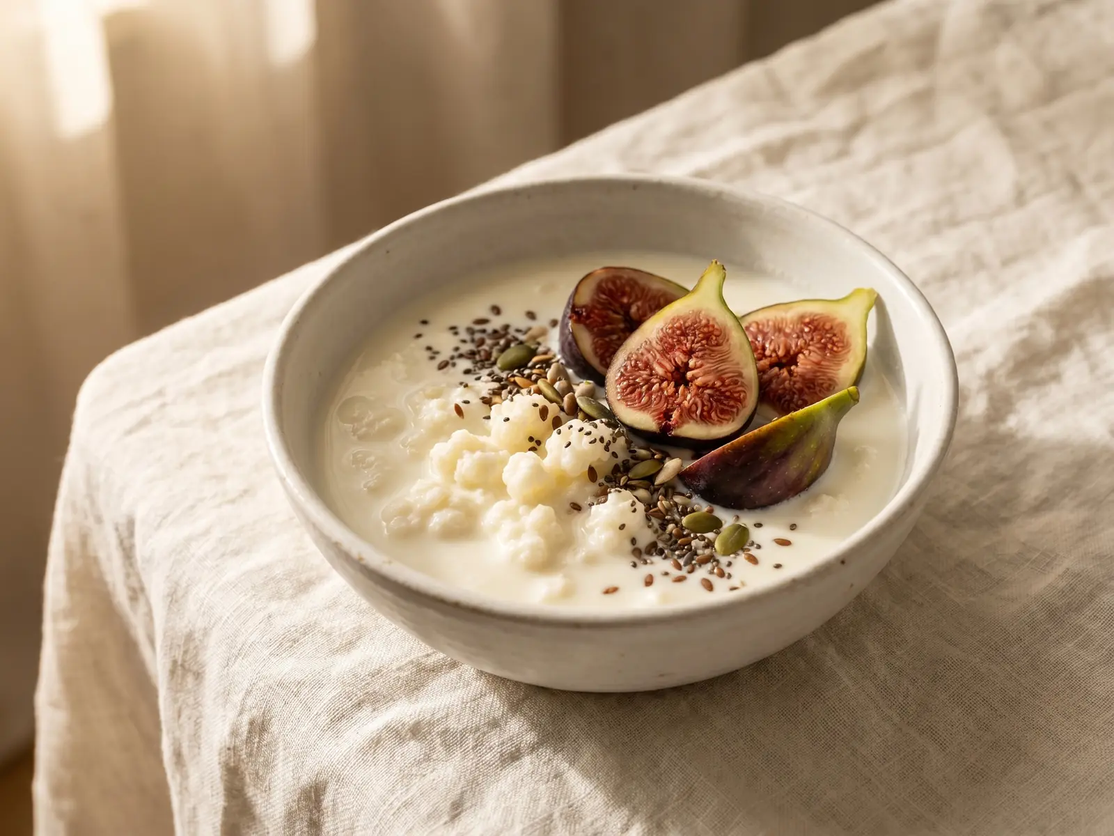 candida kefir Cremiger Milchkefir in einer weißen Schale mit frischen Feigen und Samen auf hellem Leinen.