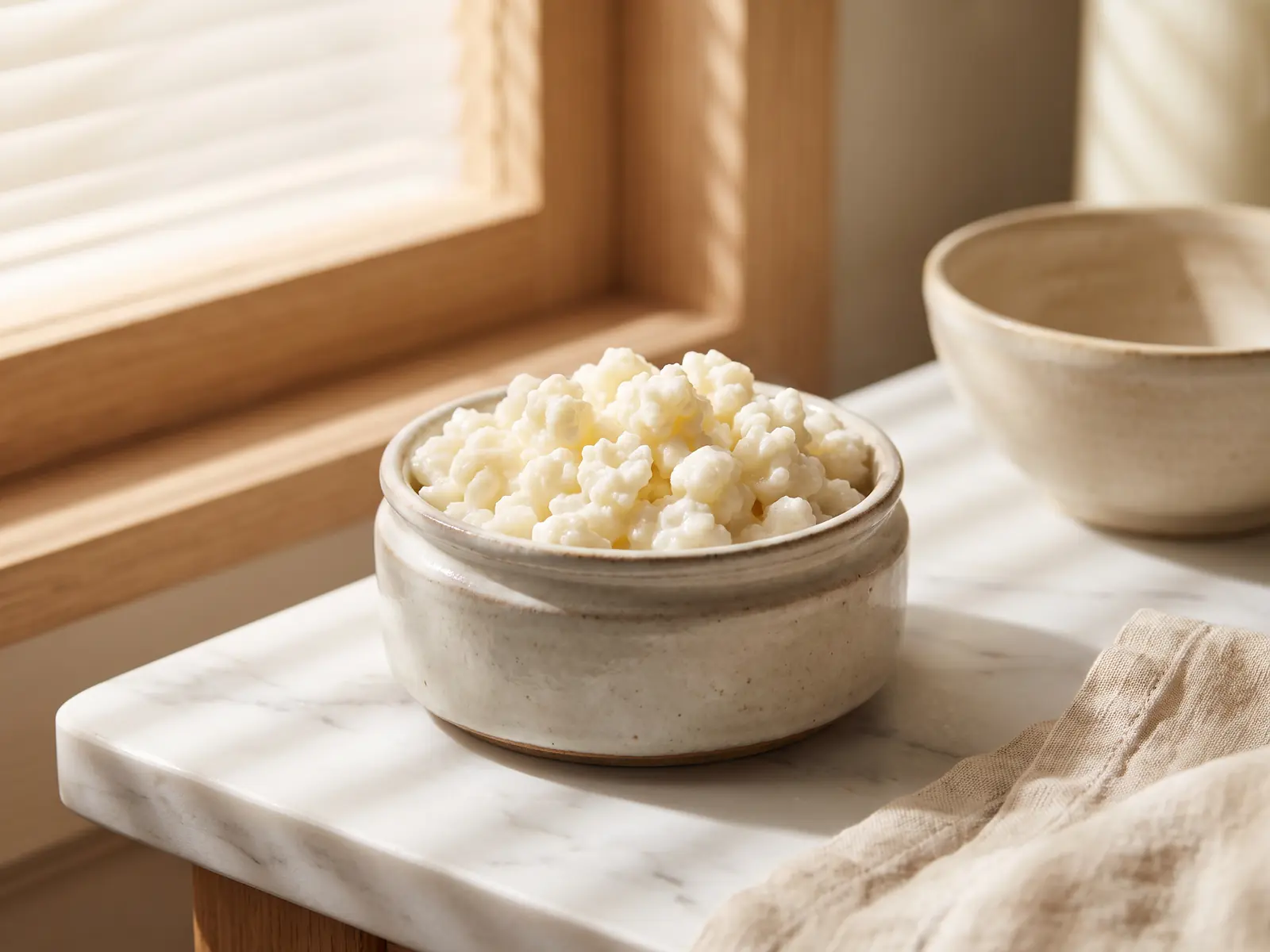 Glas mit Milchkefir und Kefirknollen auf wei&szlig;em Marmor im Schatten von Fensterjalousien.