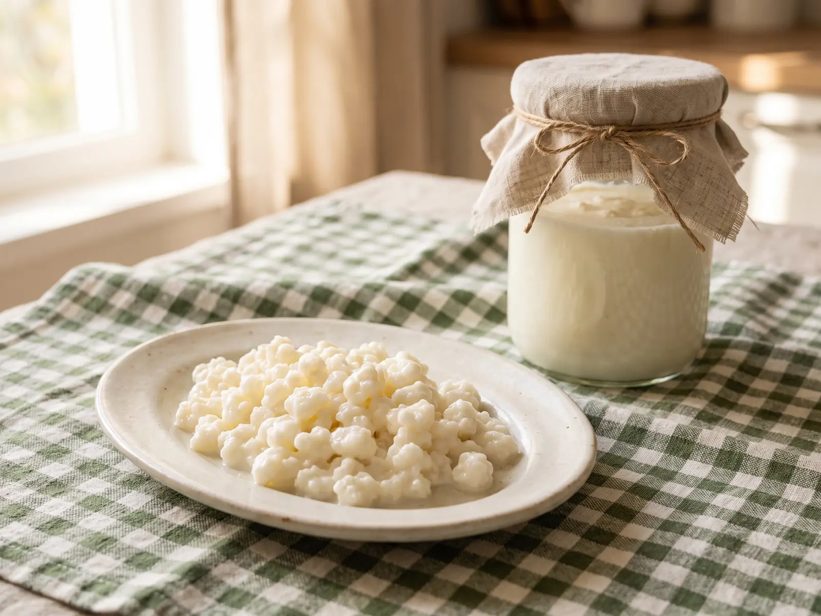 Milchkefir-Granulat auf ovalem Teller neben einem mit Leinentuch bedeckten Glas auf gr&uuml;n kariertem Tuch.