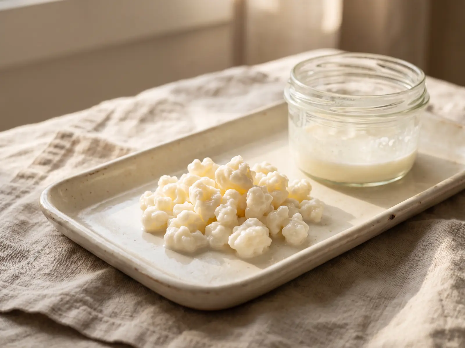Milchkefir mit Kefirknollen auf einem Keramiktablett neben Leinen und warmem Tischlampenlicht.
