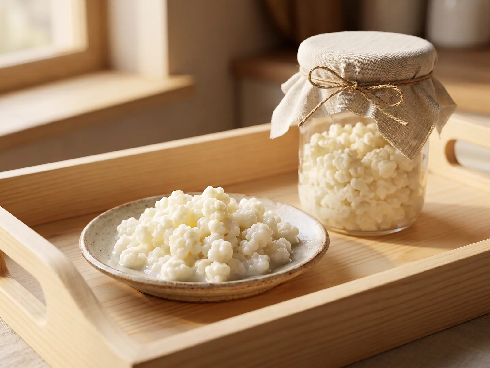 kefir hund giardien Helles Frühstückstablett mit abgedecktem Kefirglas und einem Schälchen cremeweißer Kefirknollen.