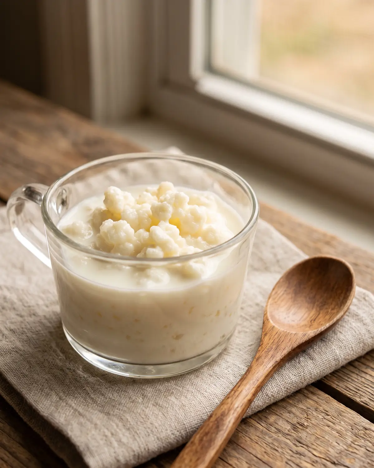 Kleines Glas mit Kefirknollen und frischer Milch, daneben liegt eine Holzl&ouml;ffel auf hellem Untergrund.