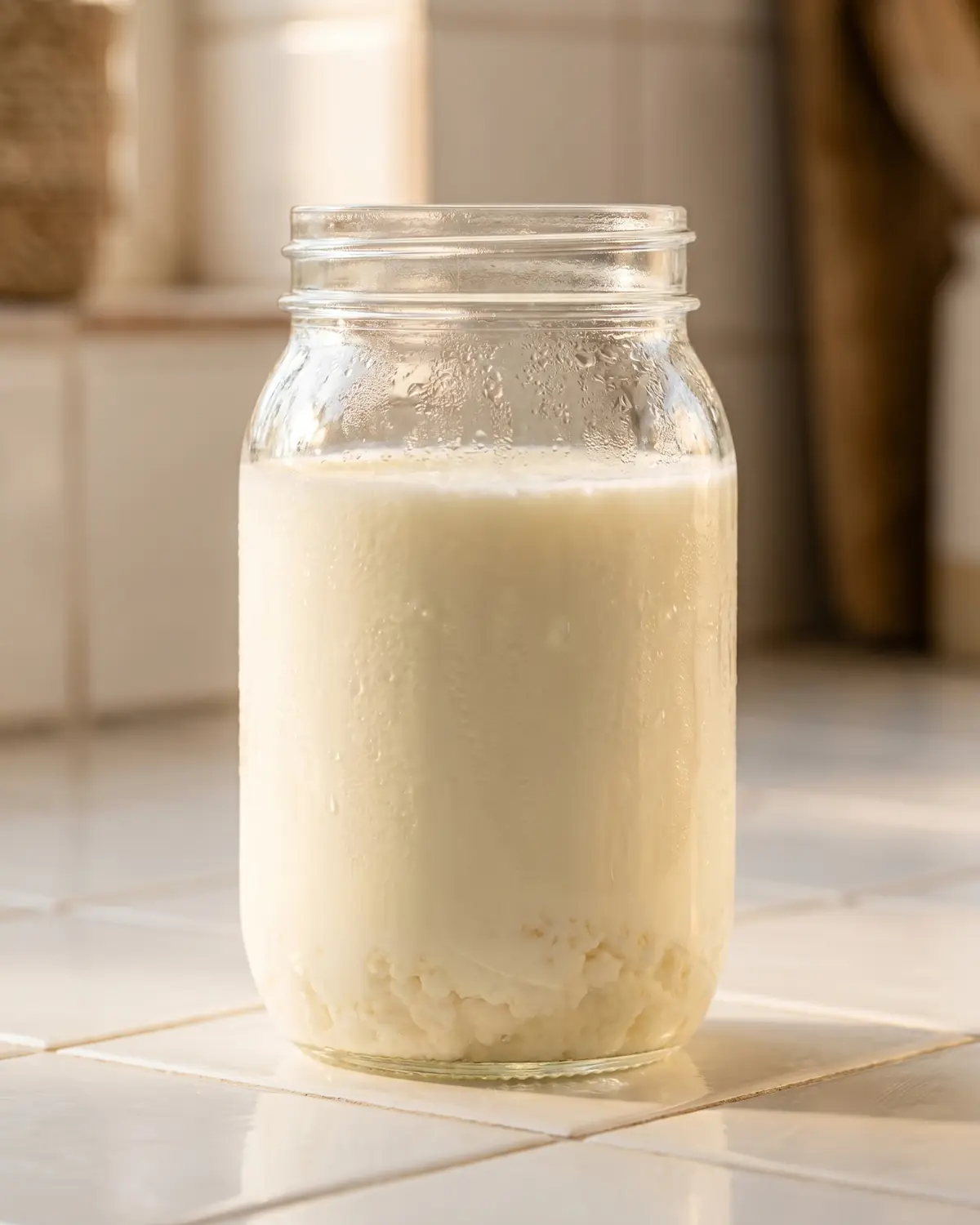 fermentierte speisen Ein Glas Milchkefir steht auf weißen Fliesen mit feiner Kondensation und warmem Fensterlicht.