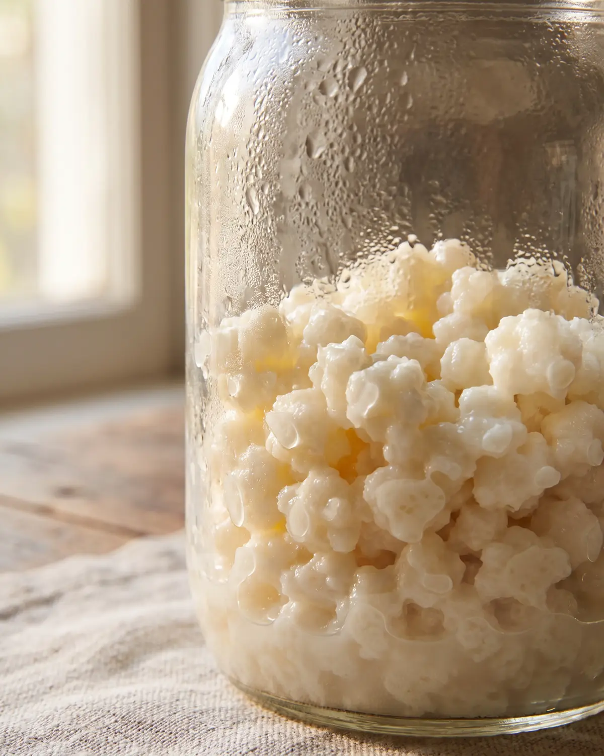 wofür ist kefir gesund Weiße Kefirknollen sind durch ein Glas mit Kondensperlen nah und detailreich zu erkennen.