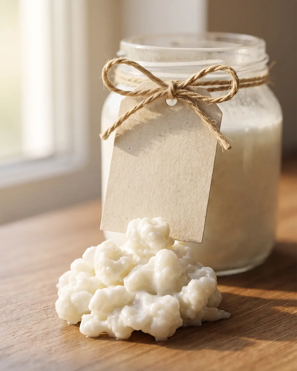 was kann man mit kefir machen Leeres Etikett mit Kordelknoten vor einem milchigen Kefirglas im weichen Hintergrundlicht