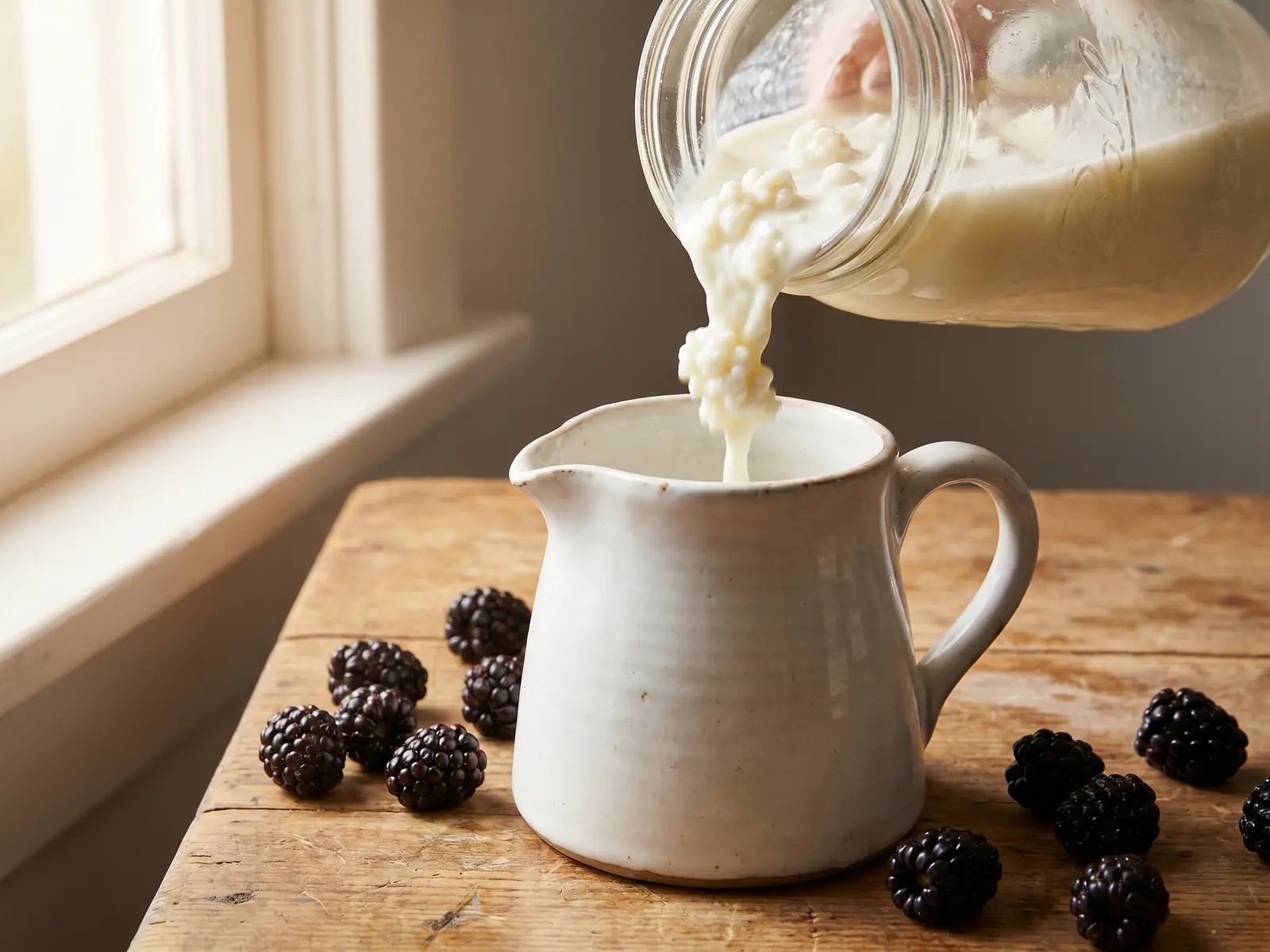 milchkefir selber machen Milchkefir in einer weißen Keramikkaraffe mit frischen Brombeeren und weichem Fensterlicht