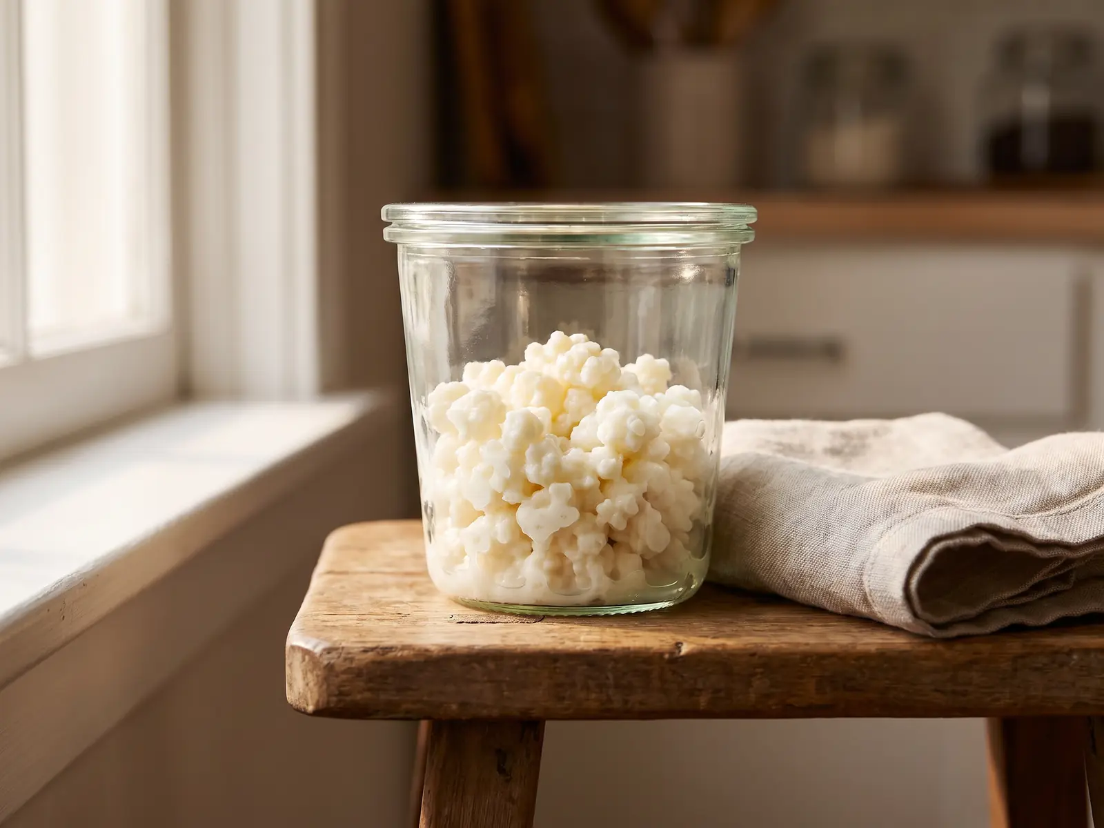 müller kefir testberichte Ein Glas mit fermentierendem Milchkefir und Tuch steht auf einem Küchenhocker am Fenster.