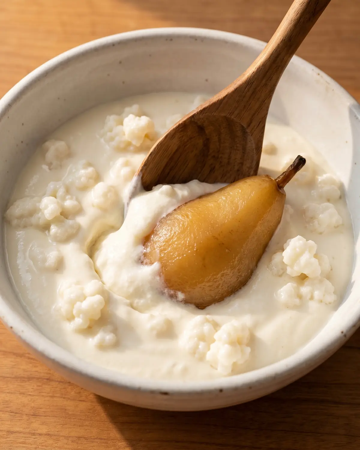 milchkefir aufbewahren Holzlöffel zieht langsam eine Spur durch cremigen Milchkefir mit gegarter Birne in einer weißen Schale.