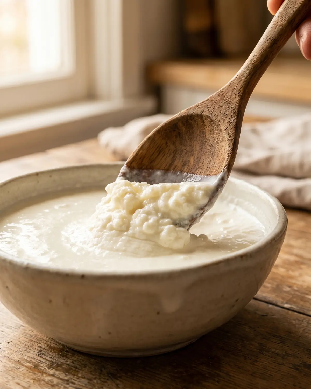 Holzl&ouml;ffel zieht durch festen Milchkefir im Sch&auml;lchen und hebt eine cremige Oberfl&auml;che im Vordergrund an