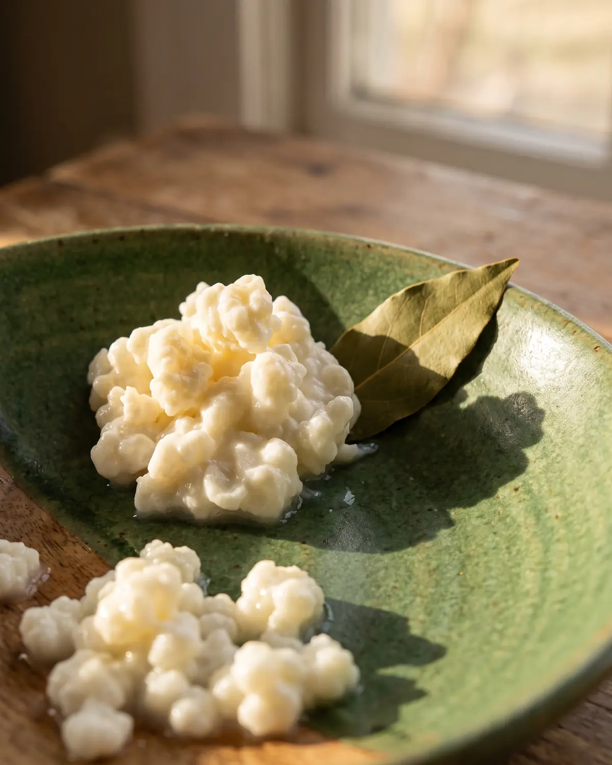 fermentierte kokosmilch Feuchte Kefirgránulos liegen in einer grünen Schale, darüber fällt der Schatten eines Lorbeerblatts.