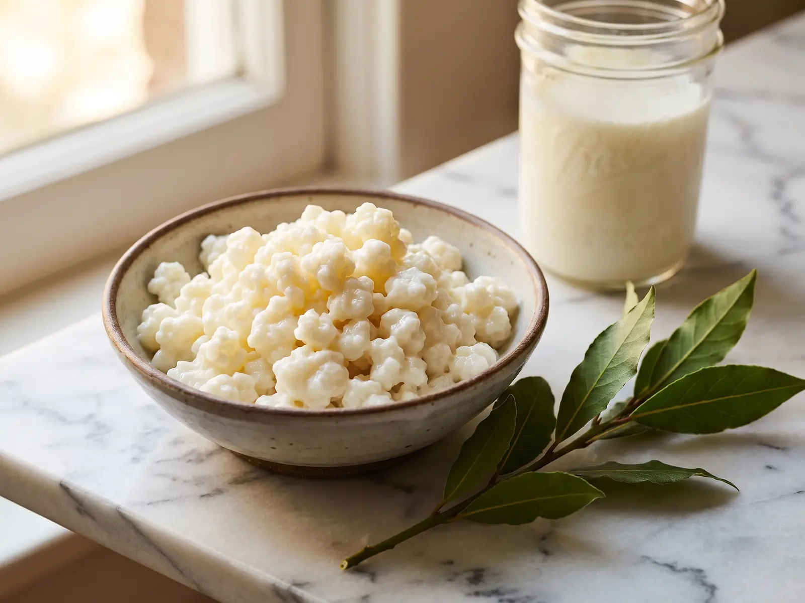 Frischer Lorbeer auf Marmor mit Milchkefir-K&ouml;rnern in einer Schale und cremigem Kefir im Glas.